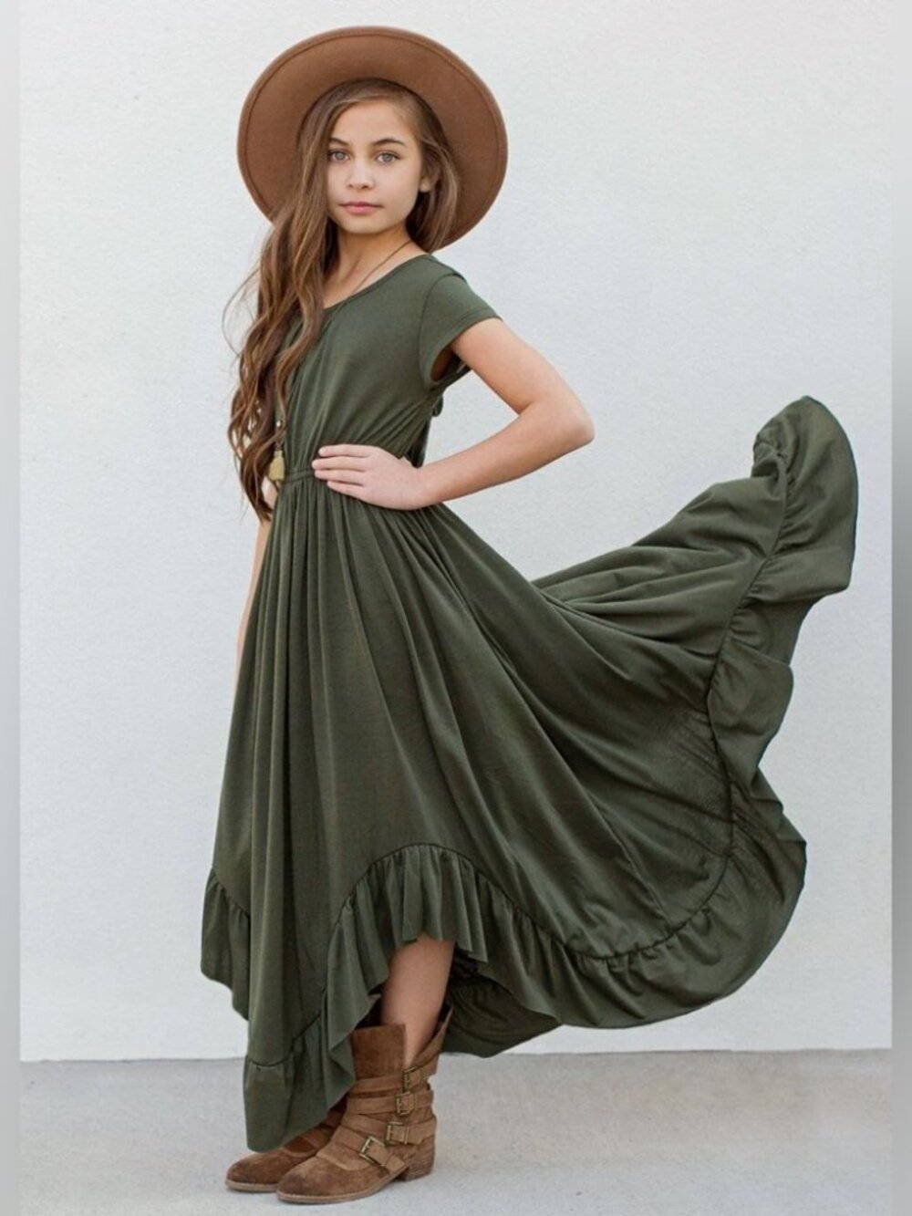 Joyfolie Mia Joy Girls Olive Green Cap-Sleeve Ruffle Hem Braelyn Maxi Dress